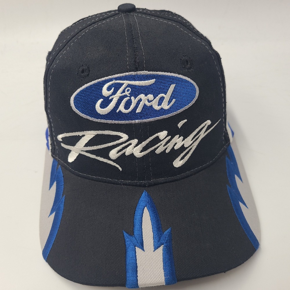 Vintage Ford Racing Hat Snapback (Fits Small) Black Blue White Flames *TEAR*